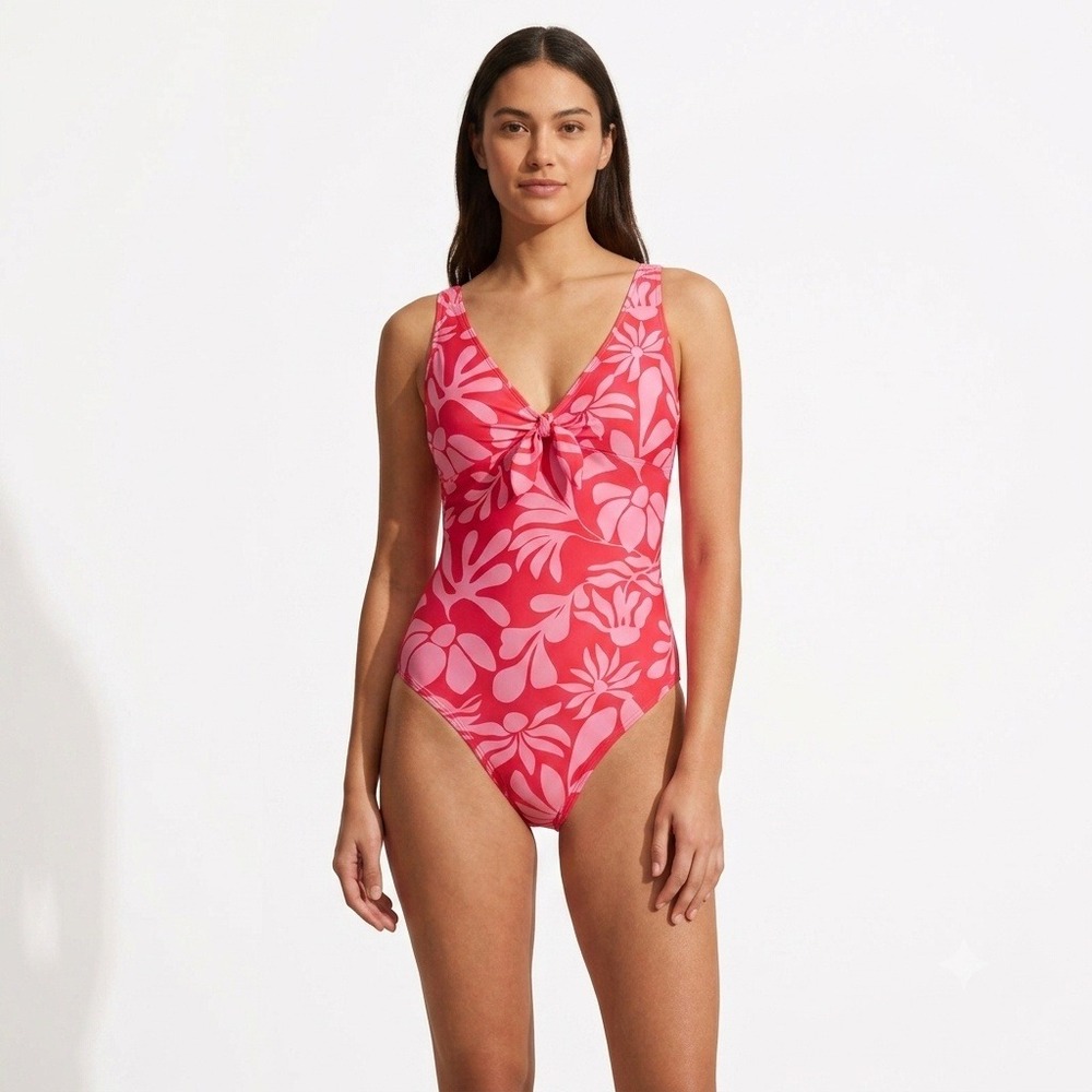 Shade & Shore Swimsuit Womans Pink Floral One Piece XL Tie Front Keyhole Back